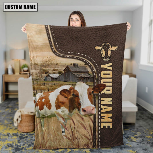 Personalized Name Red Holstein Leather Pattern Blanket, Farm Blanket, Farm Animal Blanket