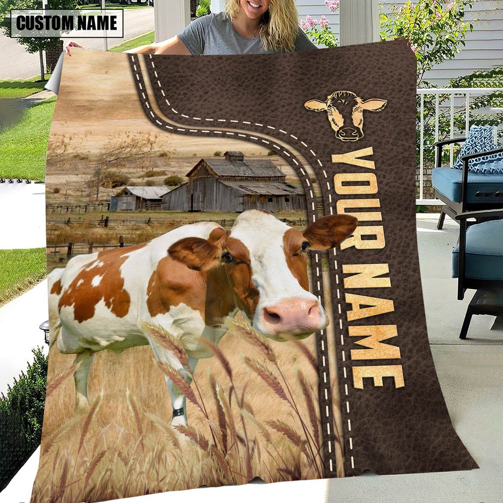 Personalized Name Red Holstein Leather Pattern Blanket, Farm Blanket, Farm Animal Blanket
