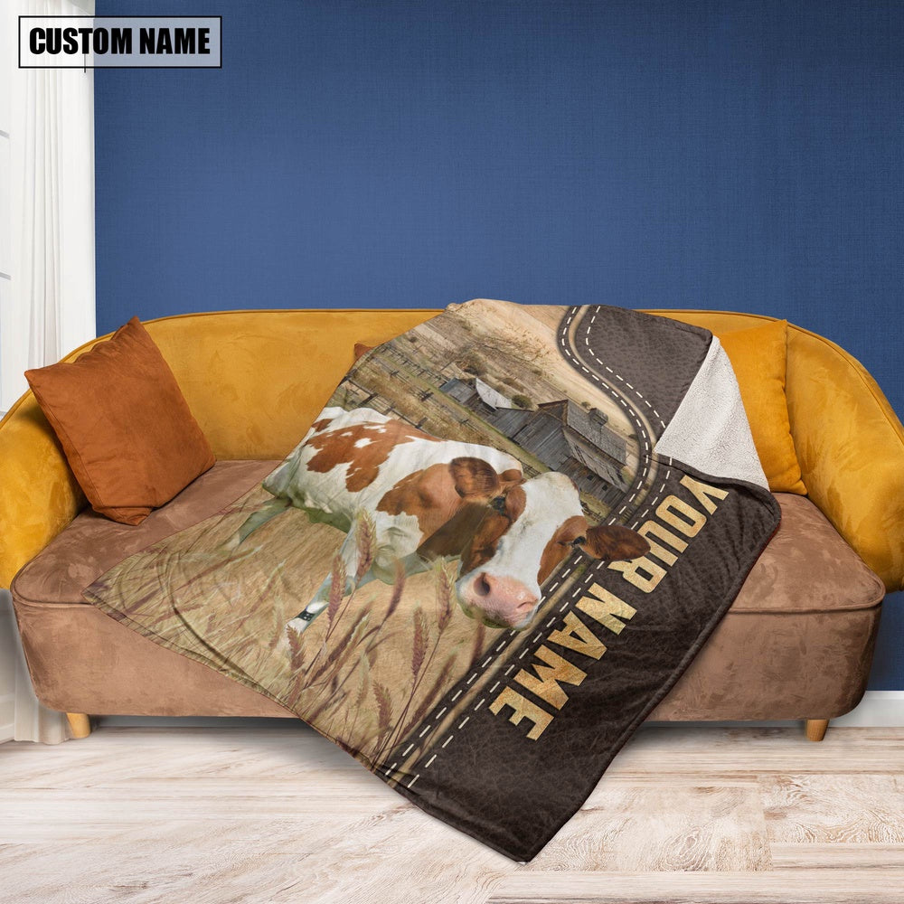 Personalized Name Red Holstein Leather Pattern Blanket, Farm Blanket, Farm Animal Blanket