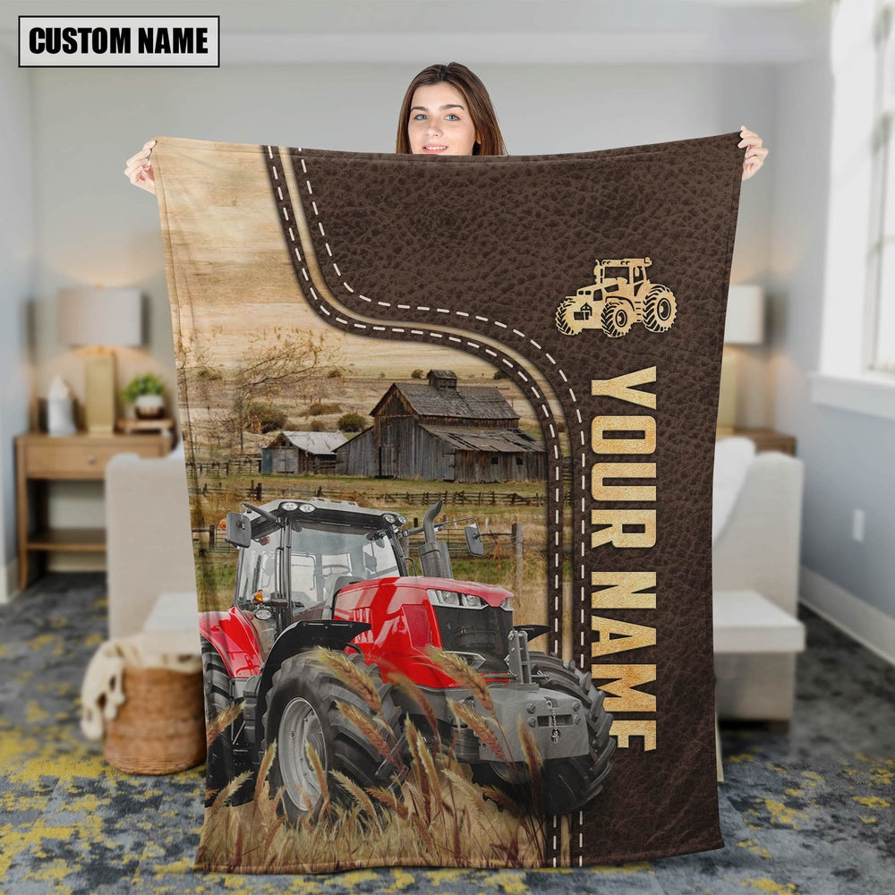 Personalized Name Red Tractor Leather Pattern Blanket, Farm Blanket, Farm Animal Blanket