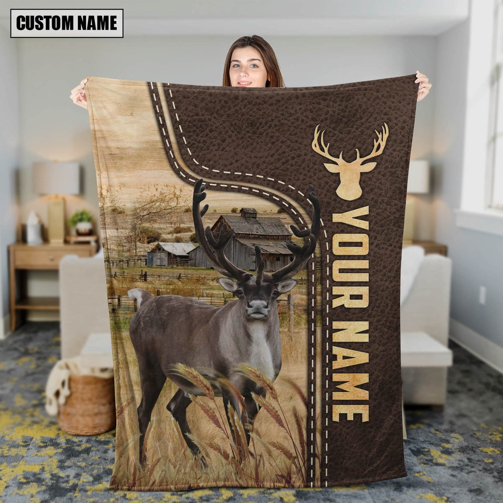 Personalized Name Reindeer Leather Pattern Blanket, Farm Blanket, Farm Animal Blanket