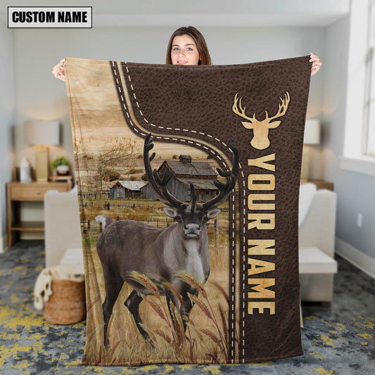 Personalized Name Reindeer Leather Pattern Blanket, Farm Blanket, Farm Animal Blanket