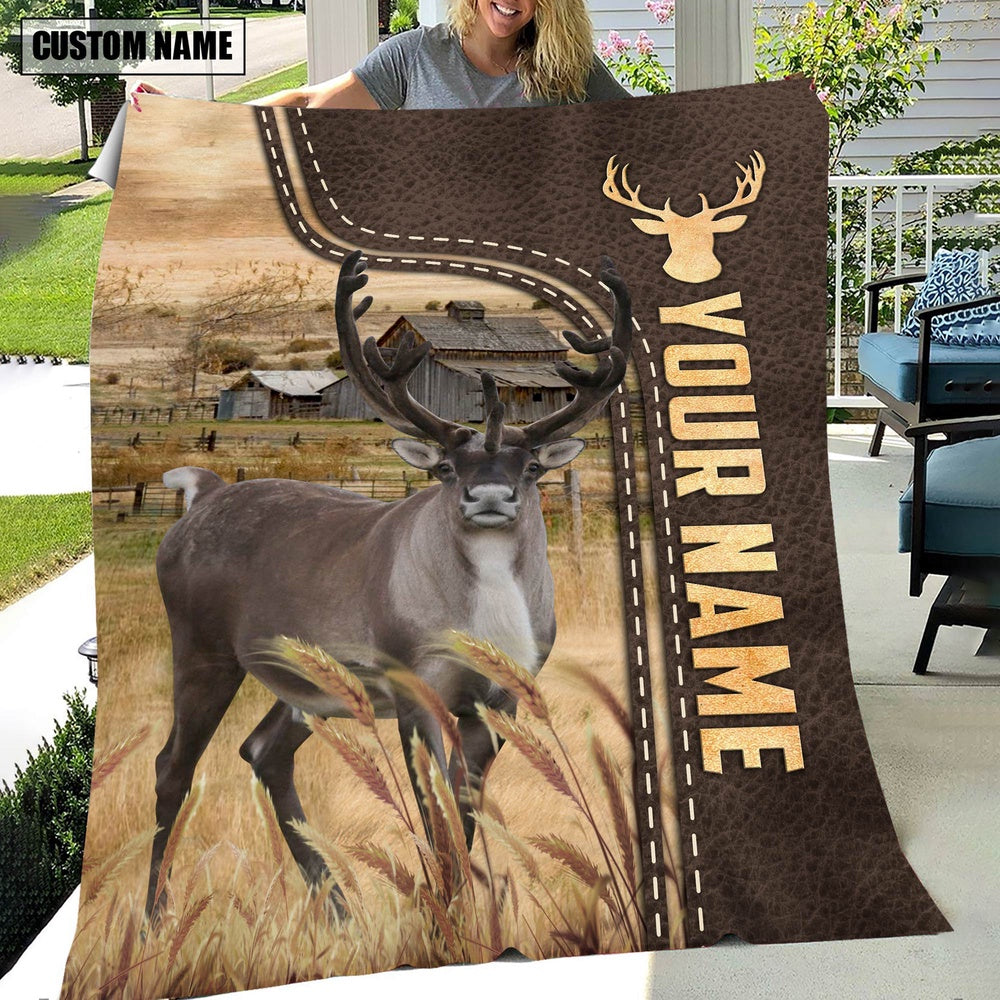 Personalized Name Reindeer Leather Pattern Blanket, Farm Blanket, Farm Animal Blanket