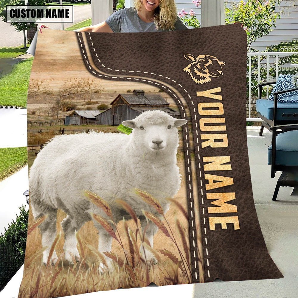 Personalized Name Sheep Leather Pattern Blanket, Farm Blanket, Farm Animal Blanket