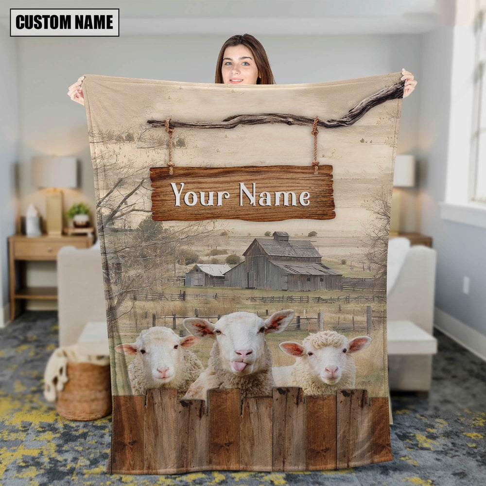 Personalized Name Sheep Wooden Pattern Blanket, Farm Blanket, Farm Animal Blanket