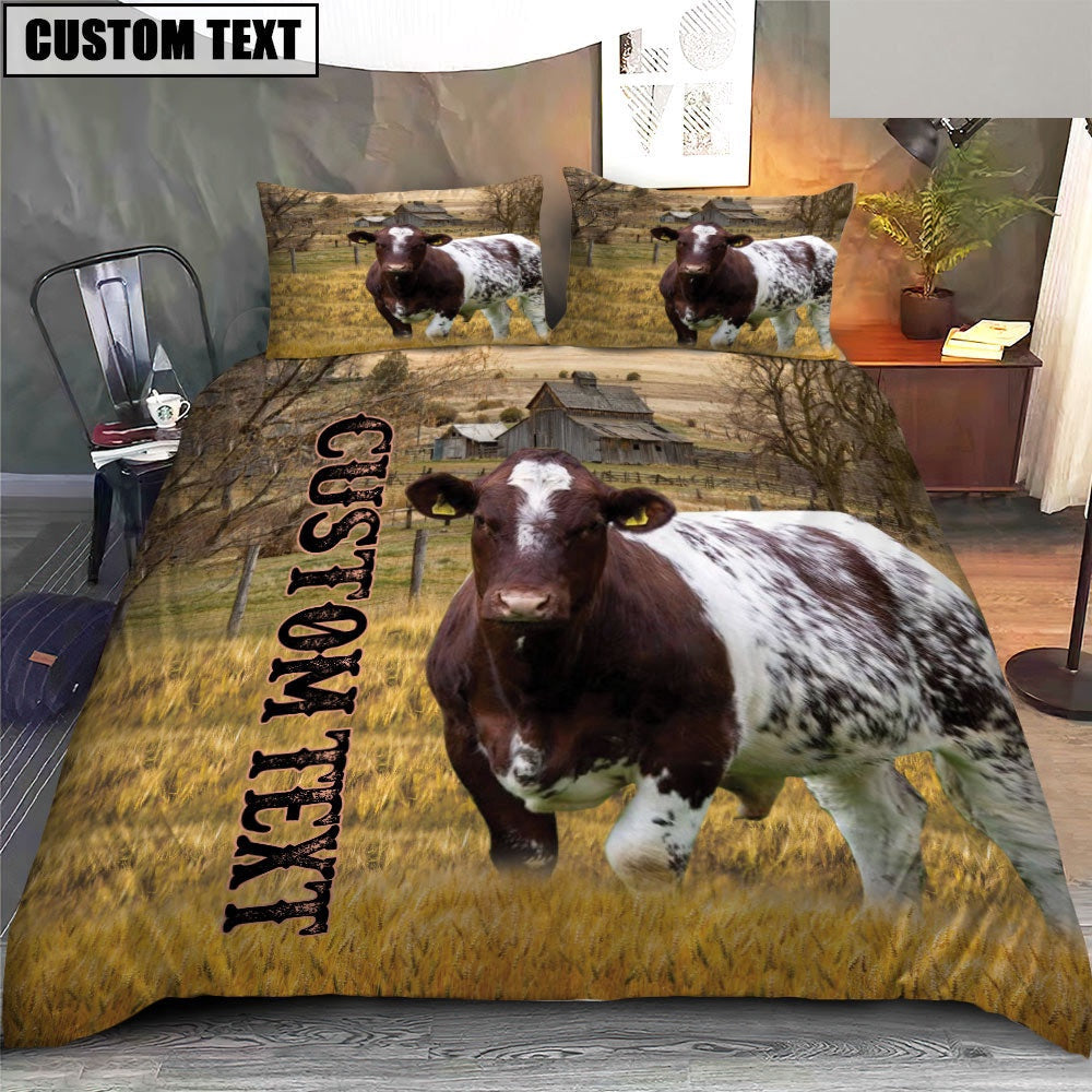 Personalized Name Shorthorn Cattle On The Farm Bedding Set, Farm Bedding Set, Farmhouse Bedding Set