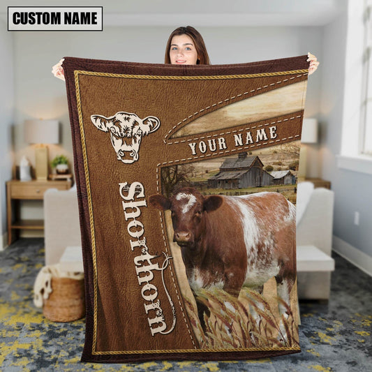 Personalized Name Shorthorn Farm Leather Brown Blanket, Farm Blanket, Farm Animal Blanket