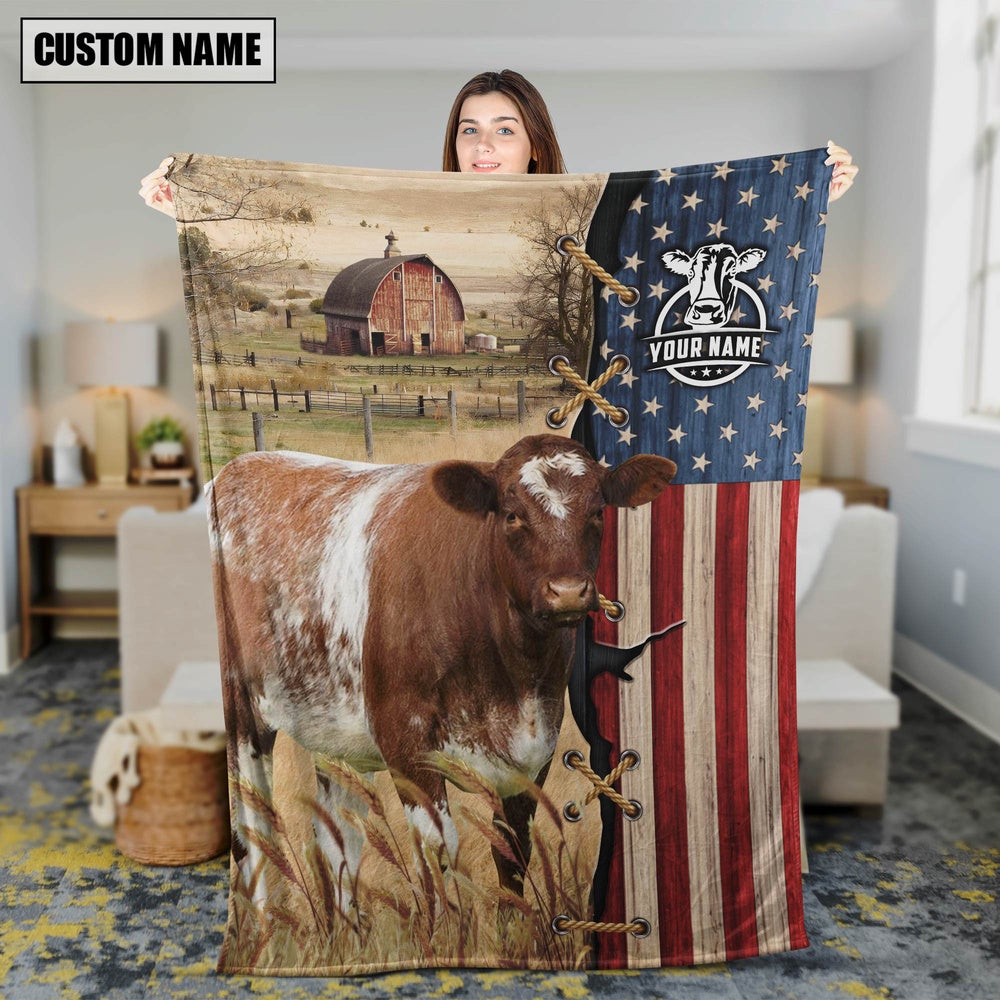Personalized Name Shorthorn Flag Vintage Blanket, Farm Blanket, Farm Animal Blanket