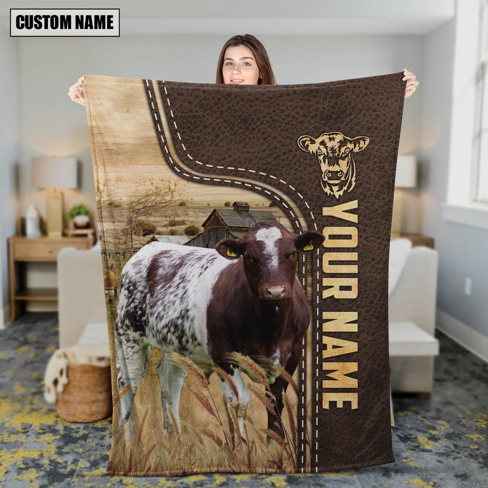 Personalized Name Shorthorn Leather Pattern Blanket, Farm Blanket, Farm Animal Blanket
