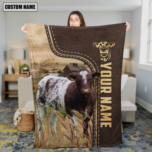 Personalized Name Shorthorn Leather Pattern Blanket, Farm Blanket, Farm Animal Blanket