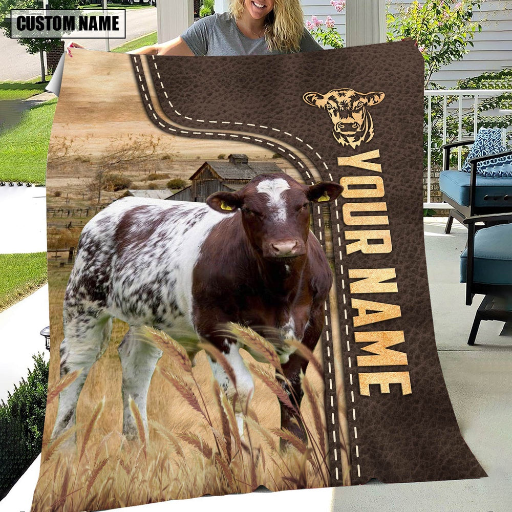 Personalized Name Shorthorn Leather Pattern Blanket, Farm Blanket, Farm Animal Blanket