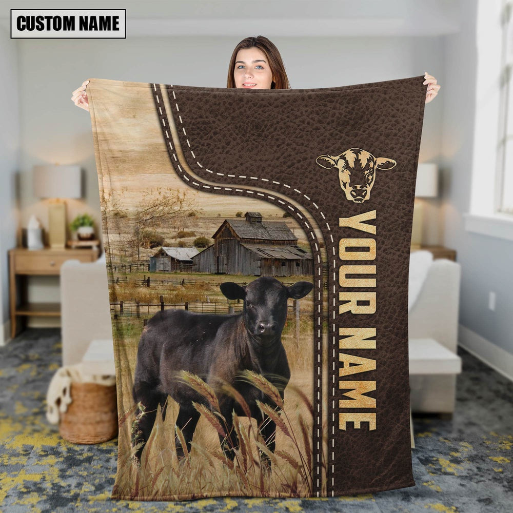 Personalized Name Sim Angus 2 Leather Pattern Blanket, Farm Blanket, Farm Animal Blanket