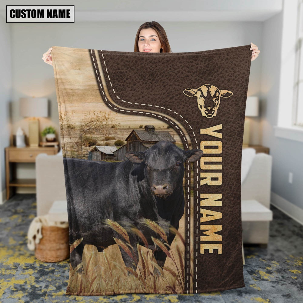 Personalized Name Sim Angus Leather Pattern Blanket, Farm Blanket, Farm Animal Blanket