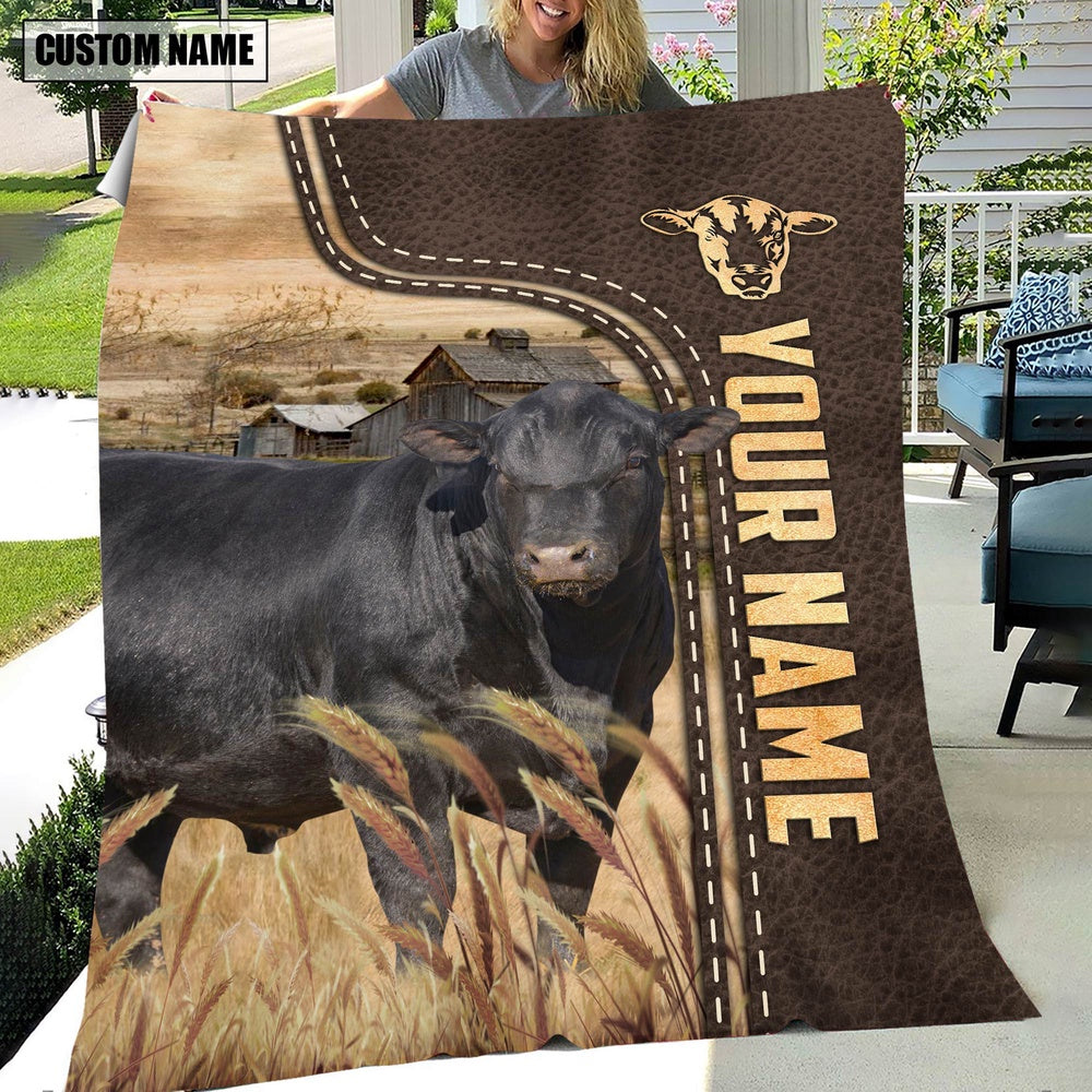 Personalized Name Sim Angus Leather Pattern Blanket, Farm Blanket, Farm Animal Blanket