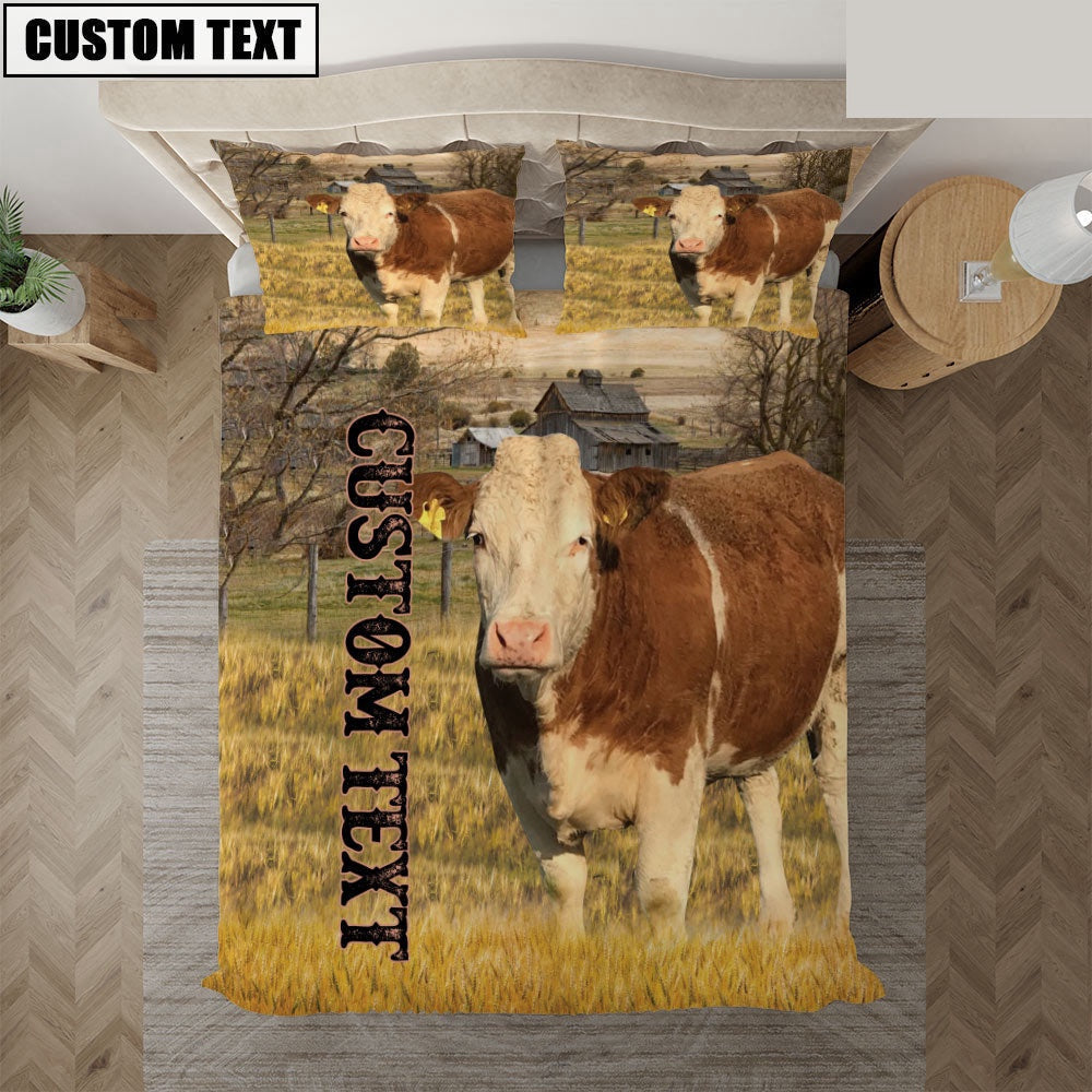 Personalized Name Simmental Cattle On The Farm Bedding Set, Farm Bedding Set, Farmhouse Bedding Set
