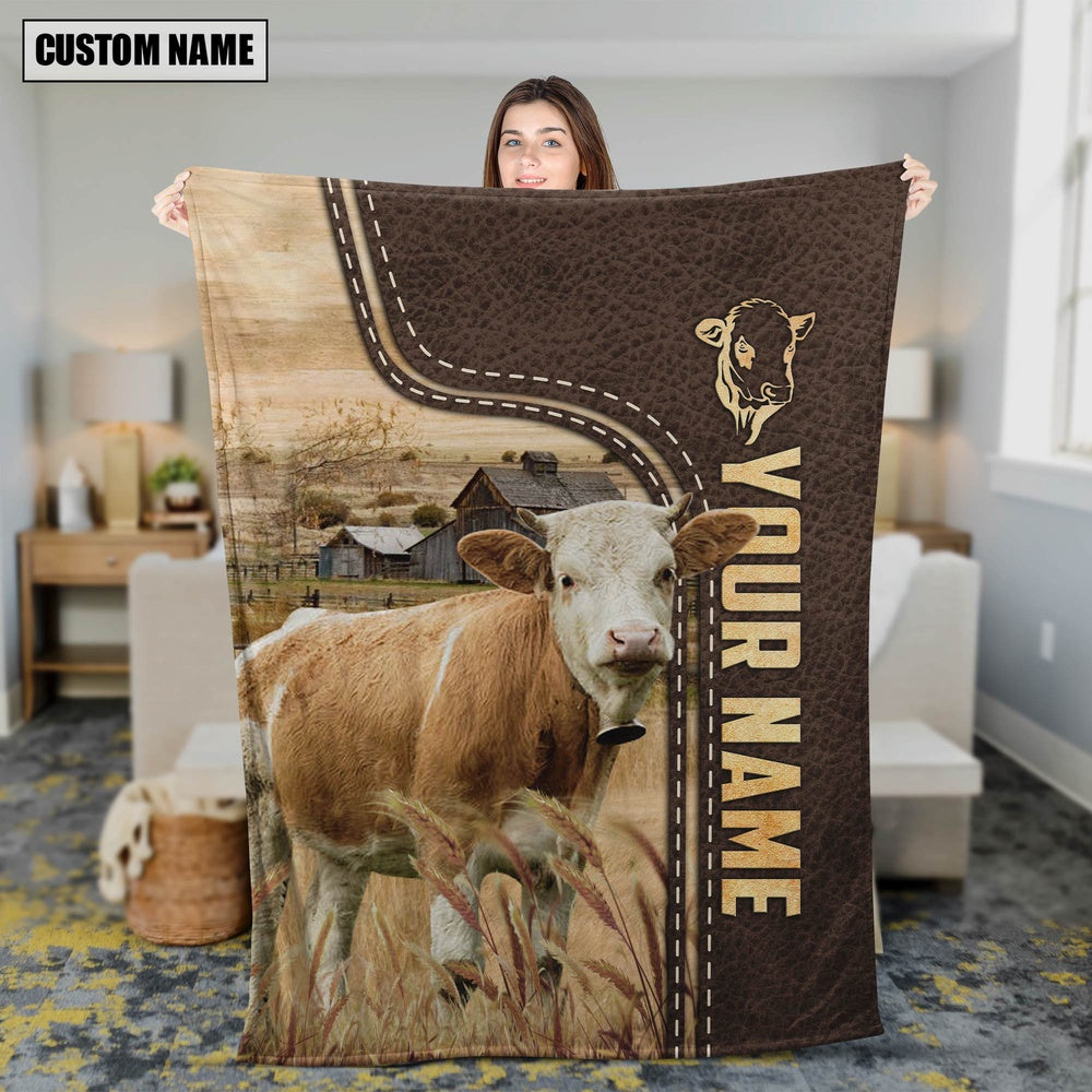 Personalized Name Simmental Leather Pattern Blanket, Farm Blanket, Farm Animal Blanket
