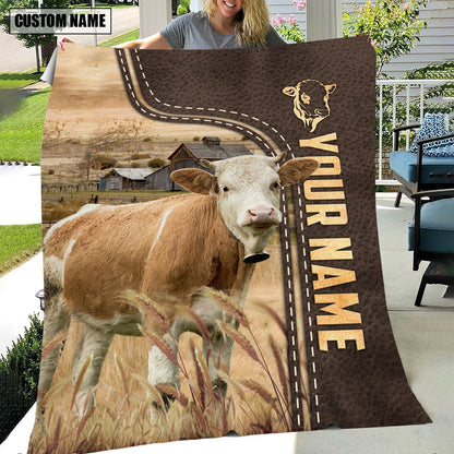 Personalized Name Simmental Leather Pattern Blanket, Farm Blanket, Farm Animal Blanket