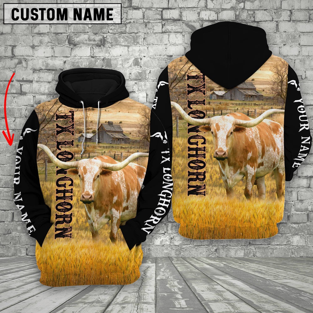 Personalized Name TX Longhorn Cattle On The Farm All Over Printed 3D Hoodie, Farmer Hoodie, Custom Farm Shirts, Farmer T Shirt