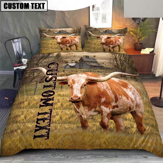 Personalized Name TX Longhorn Cattle On The Farm Bedding Set, Farm Bedding Set, Farmhouse Bedding Set