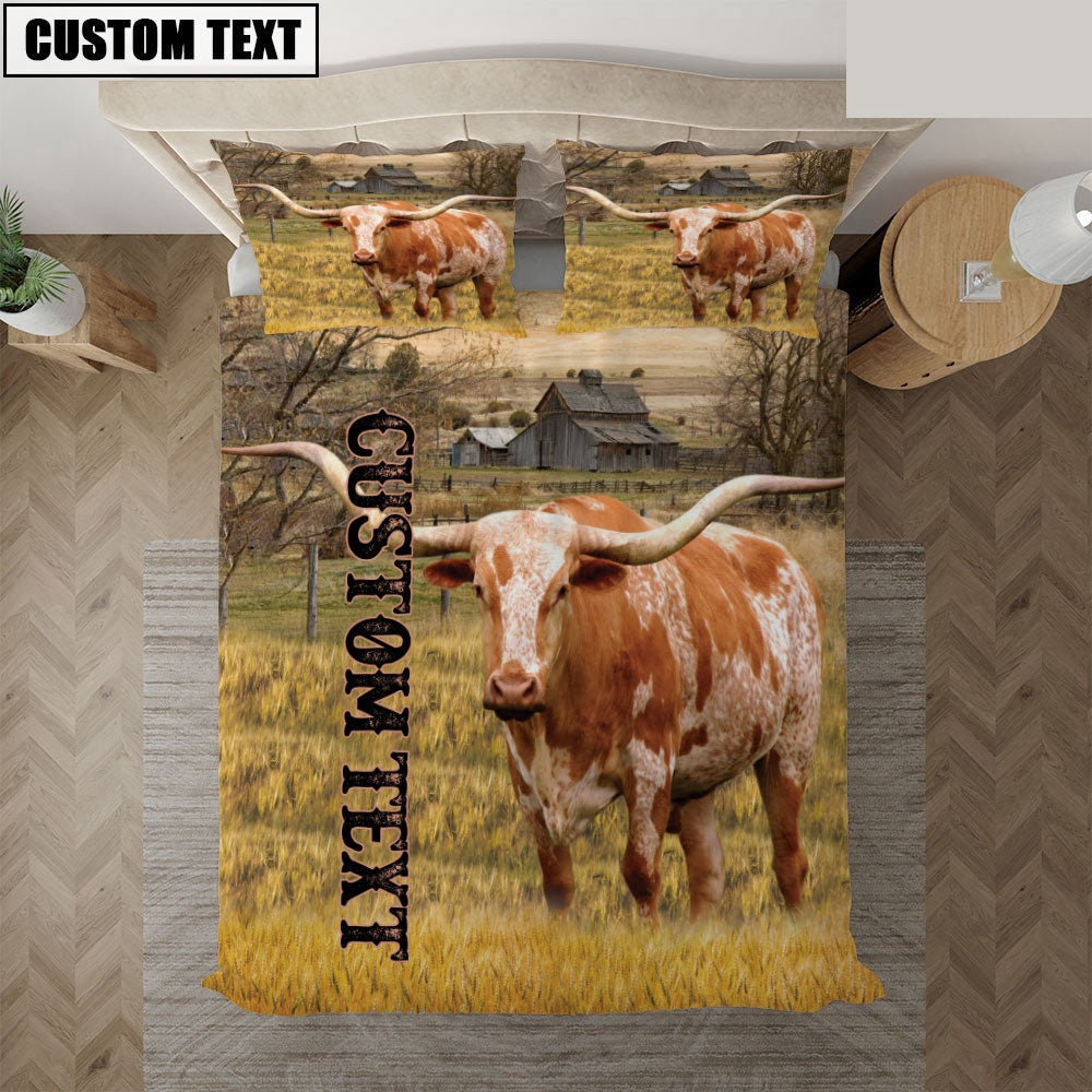 Personalized Name TX Longhorn Cattle On The Farm Bedding Set, Farm Bedding Set, Farmhouse Bedding Set