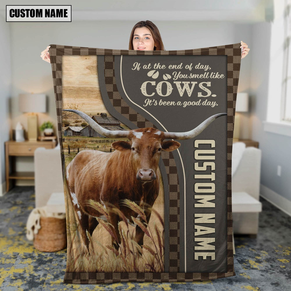 Personalized Name Texas Longhorn A Good Day Blanket, Farm Blanket, Farm Animal Blanket