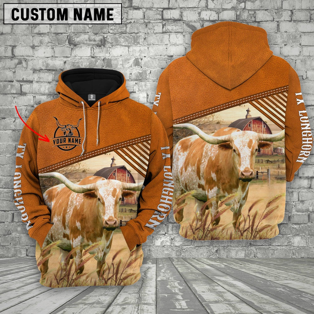 Personalized Name Texas Longhorn Barn Farm 3D Hoodie, Farmer Hoodie, Custom Farm Shirts, Farmer T Shirt