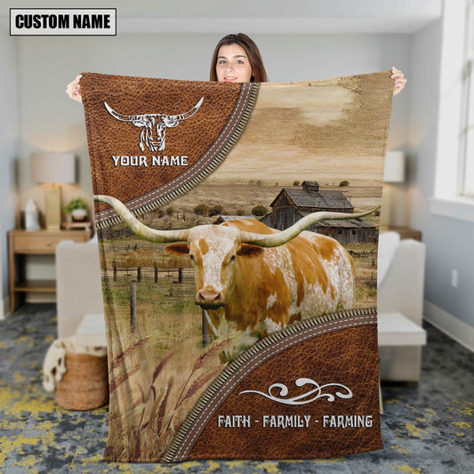 Personalized Name Texas Longhorn Faith Family Farming Blanket, Farm Blanket, Farm Animal Blanket