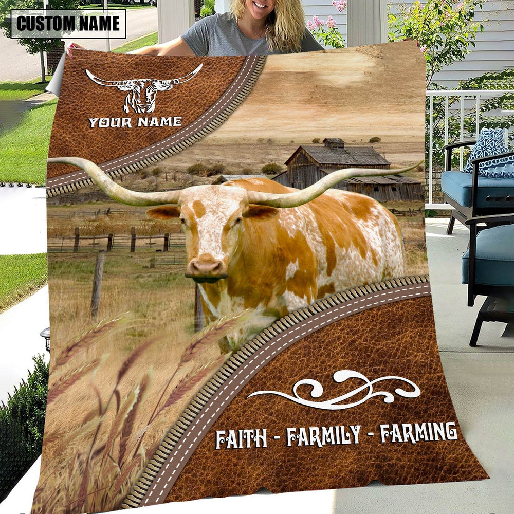 Personalized Name Texas Longhorn Faith Family Farming Blanket, Farm Blanket, Farm Animal Blanket