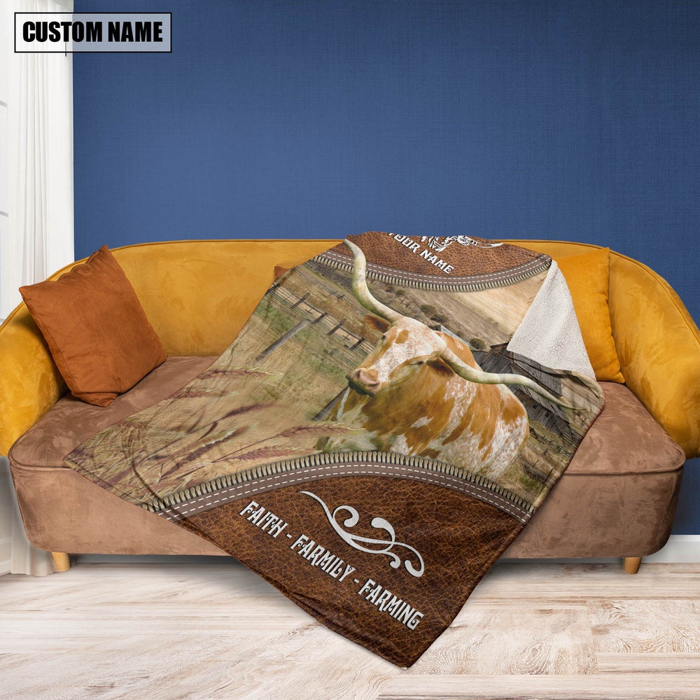 Personalized Name Texas Longhorn Faith Family Farming Blanket, Farm Blanket, Farm Animal Blanket