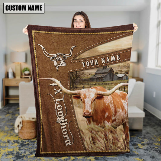 Personalized Name Texas Longhorn Farm Leather Brown Blanket, Farm Blanket, Farm Animal Blanket