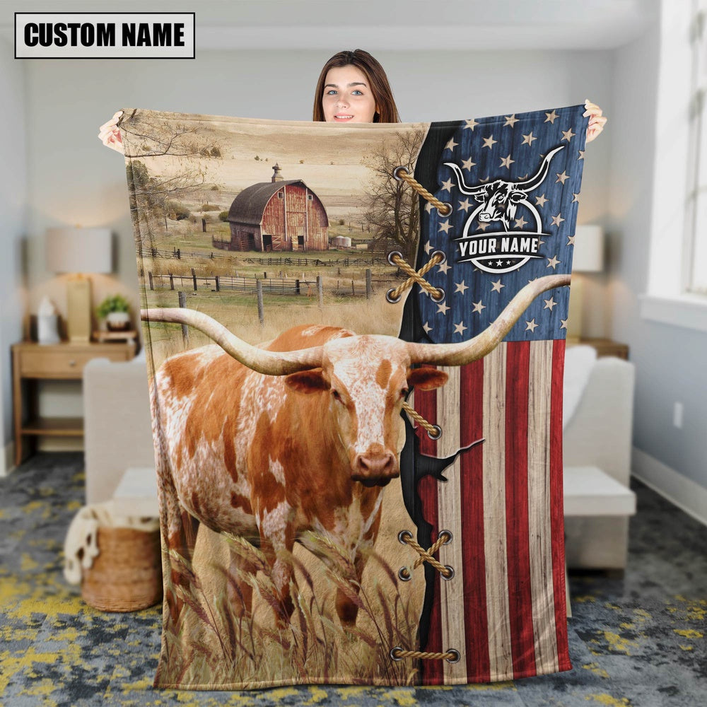 Personalized Name Texas Longhorn Flag Vintage Blanket, Farm Blanket, Farm Animal Blanket