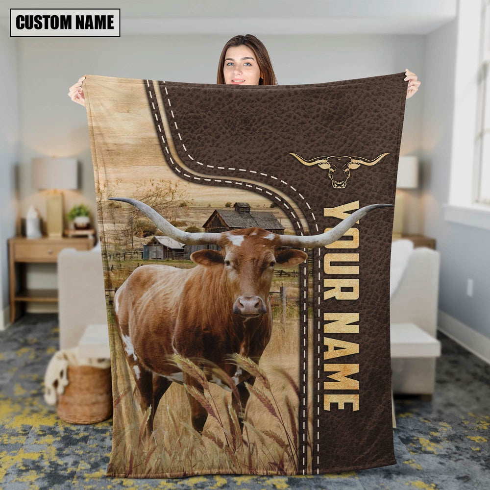 Personalized Name Texas Longhorn Leather Pattern Blanket, Farm Blanket, Farm Animal Blanket