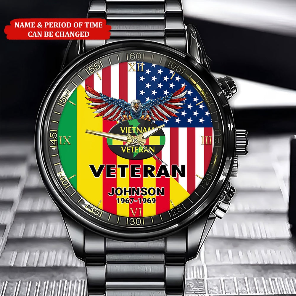Personalized Name Time Eagle Flag Vietnam Veteran Business Watch, Military Watch, Military Watches For Men, Fathers Watches