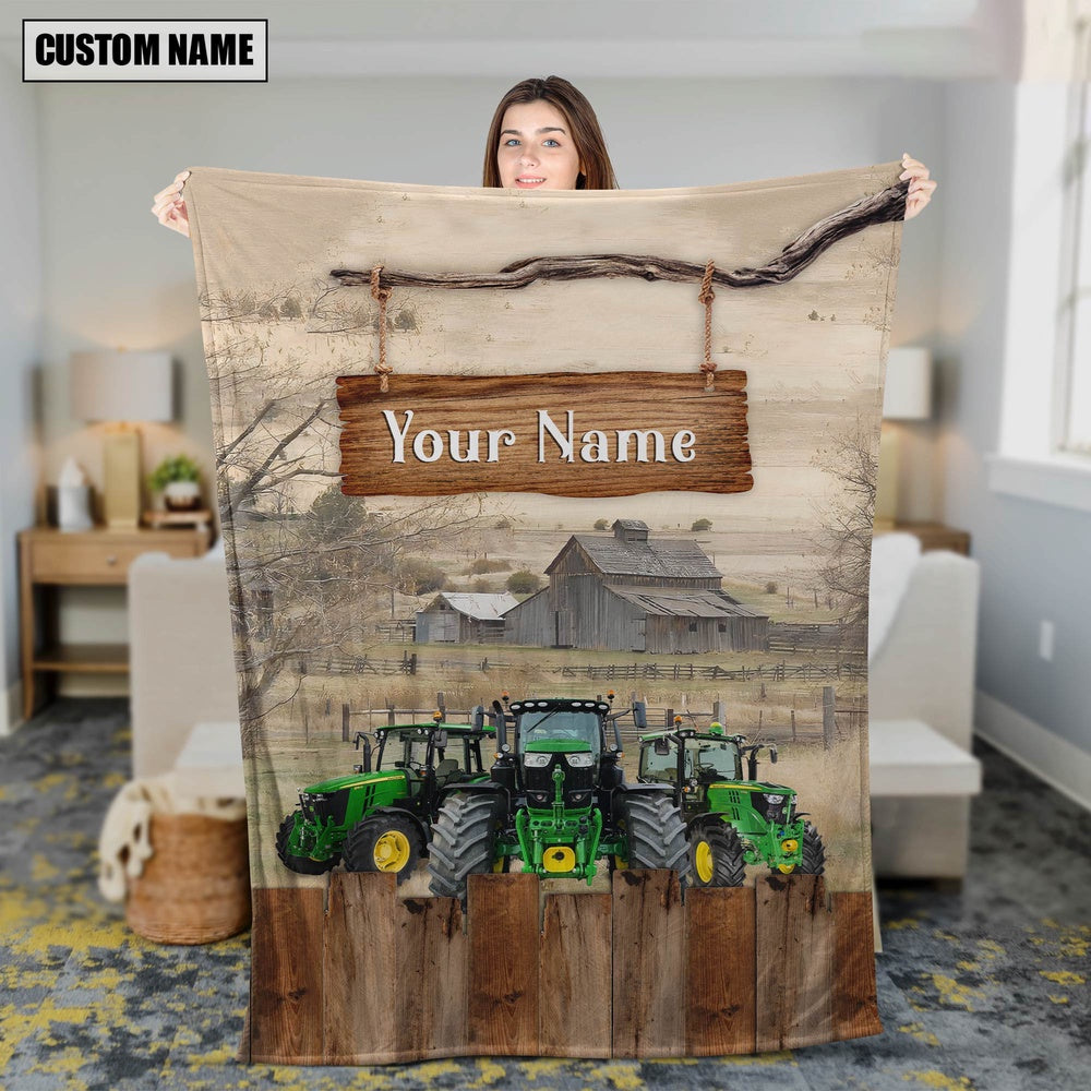 Personalized Name Tractor Wooden Pattern Blanket, Farm Blanket, Farm Animal Blanket
