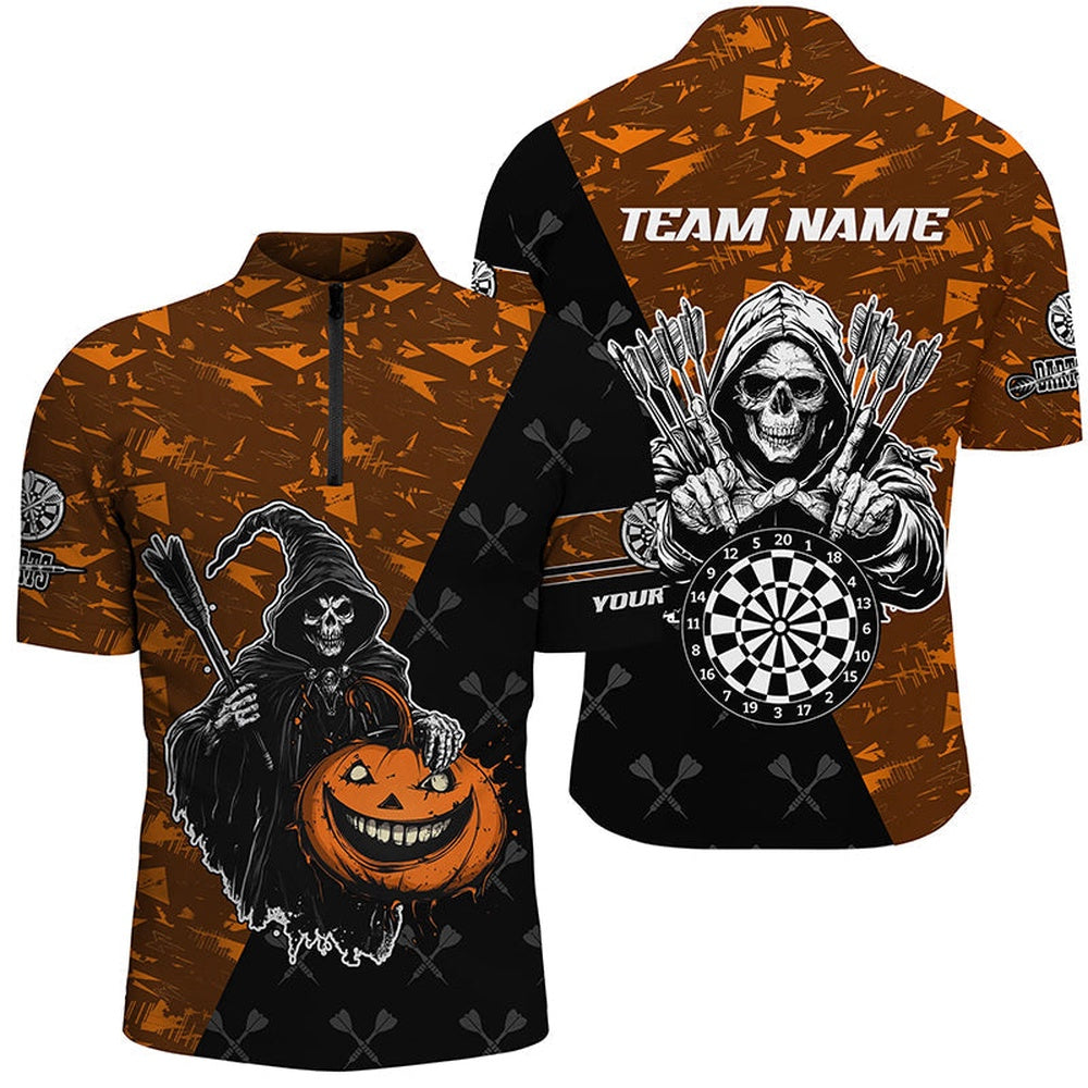 Personalized Orange Abstract Death Skeleton Halloween Darts Shirts For Men, Scary Darts Jersey, Darts Team Jersey Shirt