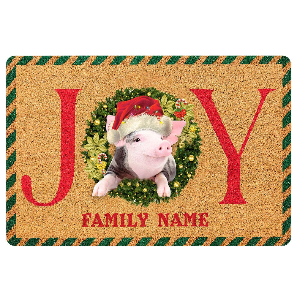 Personalized Pig Welcome Doormat, pig farm animal joy christmas xmas noel Welcome Doormat, Custom Name Pets Home Decor Door Mat