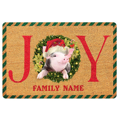 Personalized Pig Welcome Doormat, pig farm animal joy christmas xmas noel Welcome Doormat, Custom Name Pets Home Decor Door Mat