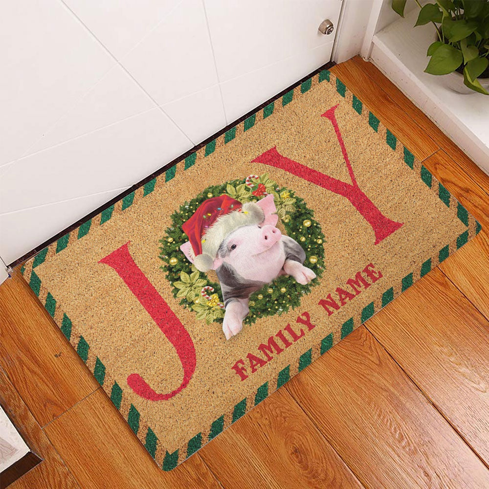 Personalized Pig Welcome Doormat, pig farm animal joy christmas xmas noel Welcome Doormat, Custom Name Pets Home Decor Door Mat