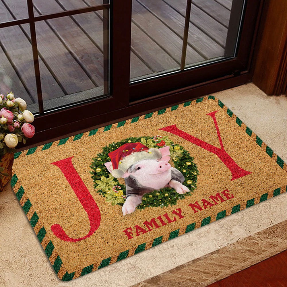 Personalized Pig Welcome Doormat, pig farm animal joy christmas xmas noel Welcome Doormat, Custom Name Pets Home Decor Door Mat