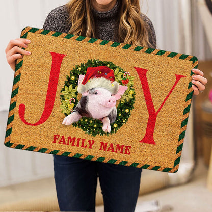 Personalized Pig Welcome Doormat, pig farm animal joy christmas xmas noel Welcome Doormat, Custom Name Pets Home Decor Door Mat