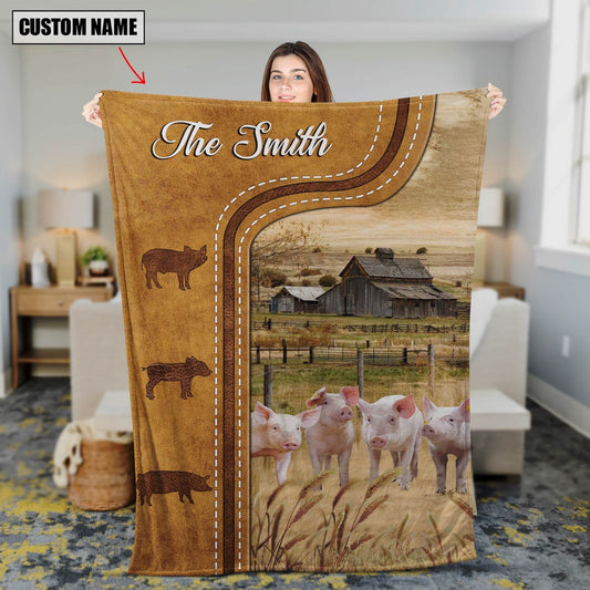 Personalized Pigs In Field Farmhouse Blanket, Farm Blanket, Farm Animal Blanket