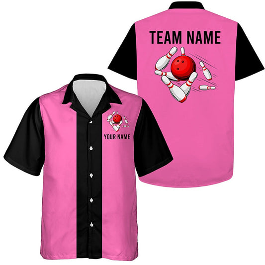 Personalized Pinkblack Retro Bowling Hawaiian Shirts, Custom Vintage Team Button Up Shirts, Bowling Team Hawaiian