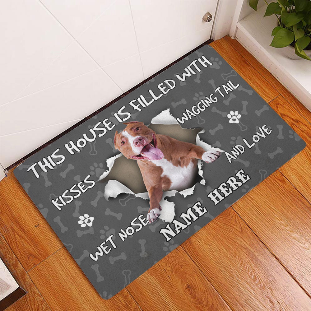 Personalized Pitbull Welcome Doormat, Pitbull dog pet lover pawprint grey Welcome Doormat, Custom Name Pets Home Decor Door Mat