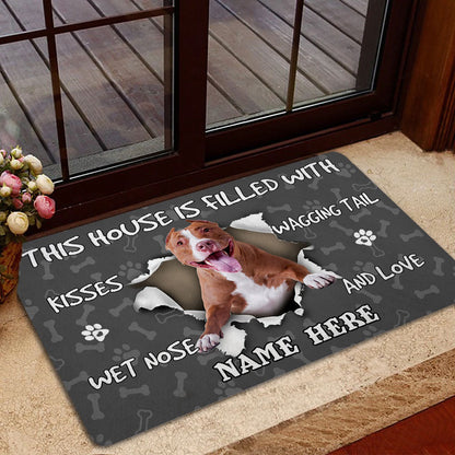 Personalized Pitbull Welcome Doormat, Pitbull dog pet lover pawprint grey Welcome Doormat, Custom Name Pets Home Decor Door Mat