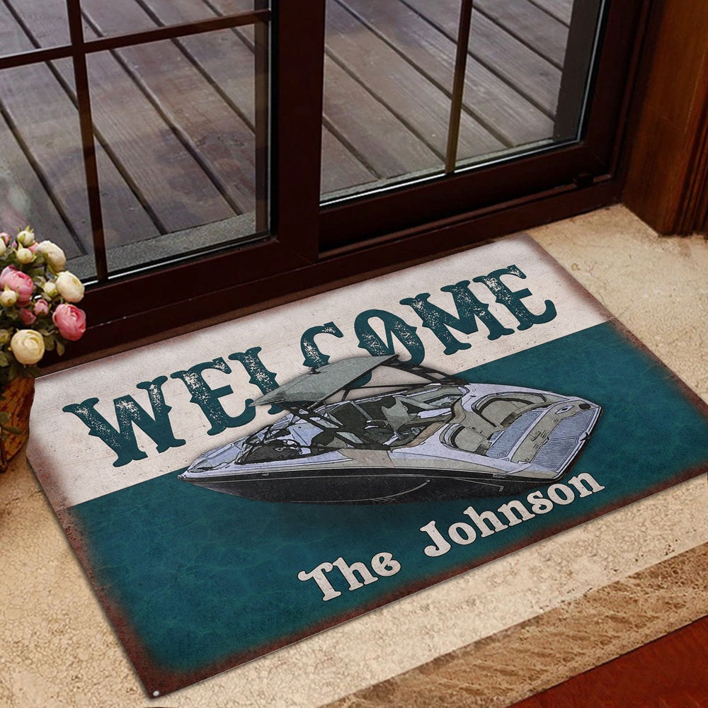 Personalized Pontoon Welcome Doormat, Jet Boats Pontoons Lake House Boat Welcome Doormat, Custom Name Pets Home Decor Door Mat
