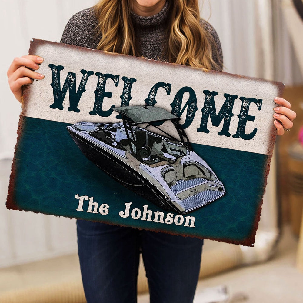Personalized Pontoon Welcome Doormat, Jet Boats Pontoons Lake House Boat Welcome Doormat, Custom Name Pets Home Decor Door Mat