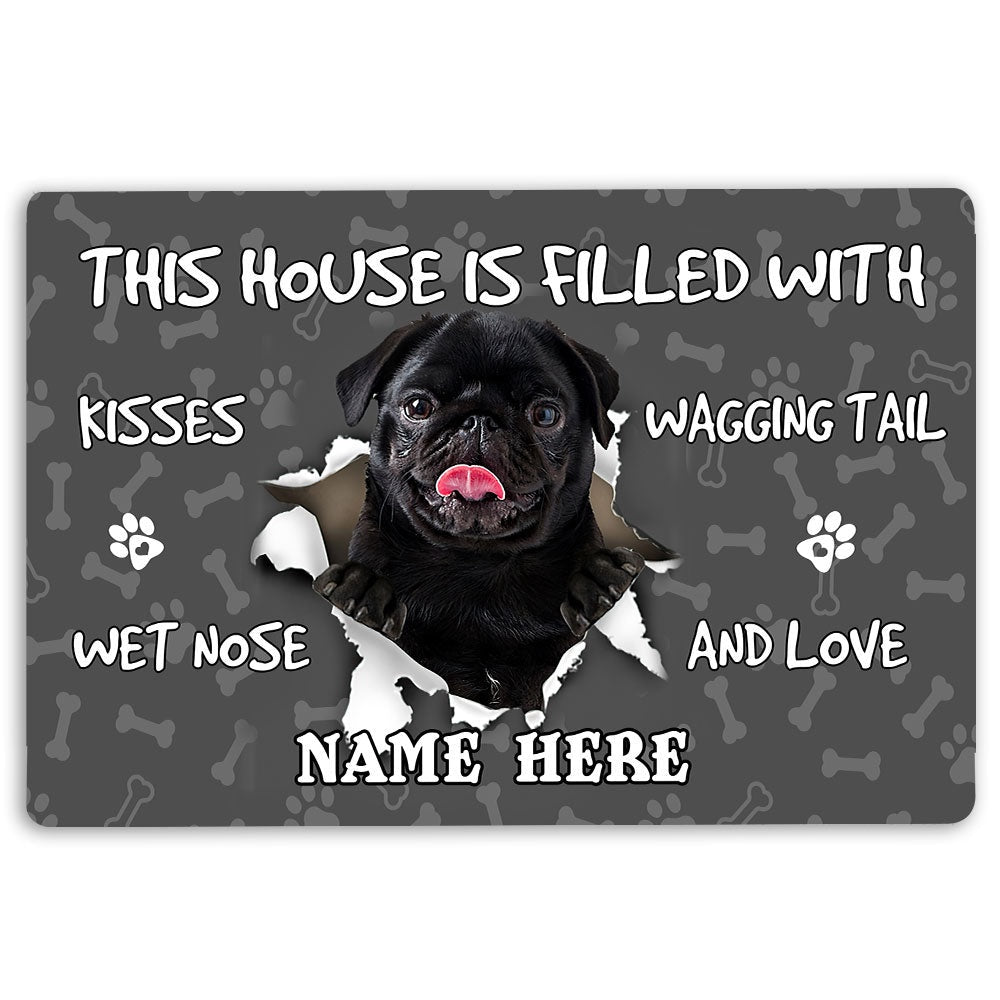 Personalized Pug Welcome Doormat, Black Pug dog pet lover pawprint grey Welcome Doormat, Custom Name Pets Home Decor Door Mat