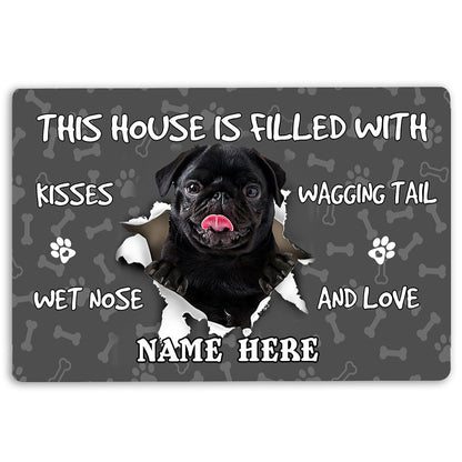 Personalized Pug Welcome Doormat, Black Pug dog pet lover pawprint grey Welcome Doormat, Custom Name Pets Home Decor Door Mat