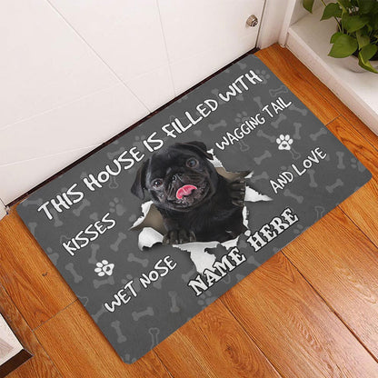 Personalized Pug Welcome Doormat, Black Pug dog pet lover pawprint grey Welcome Doormat, Custom Name Pets Home Decor Door Mat