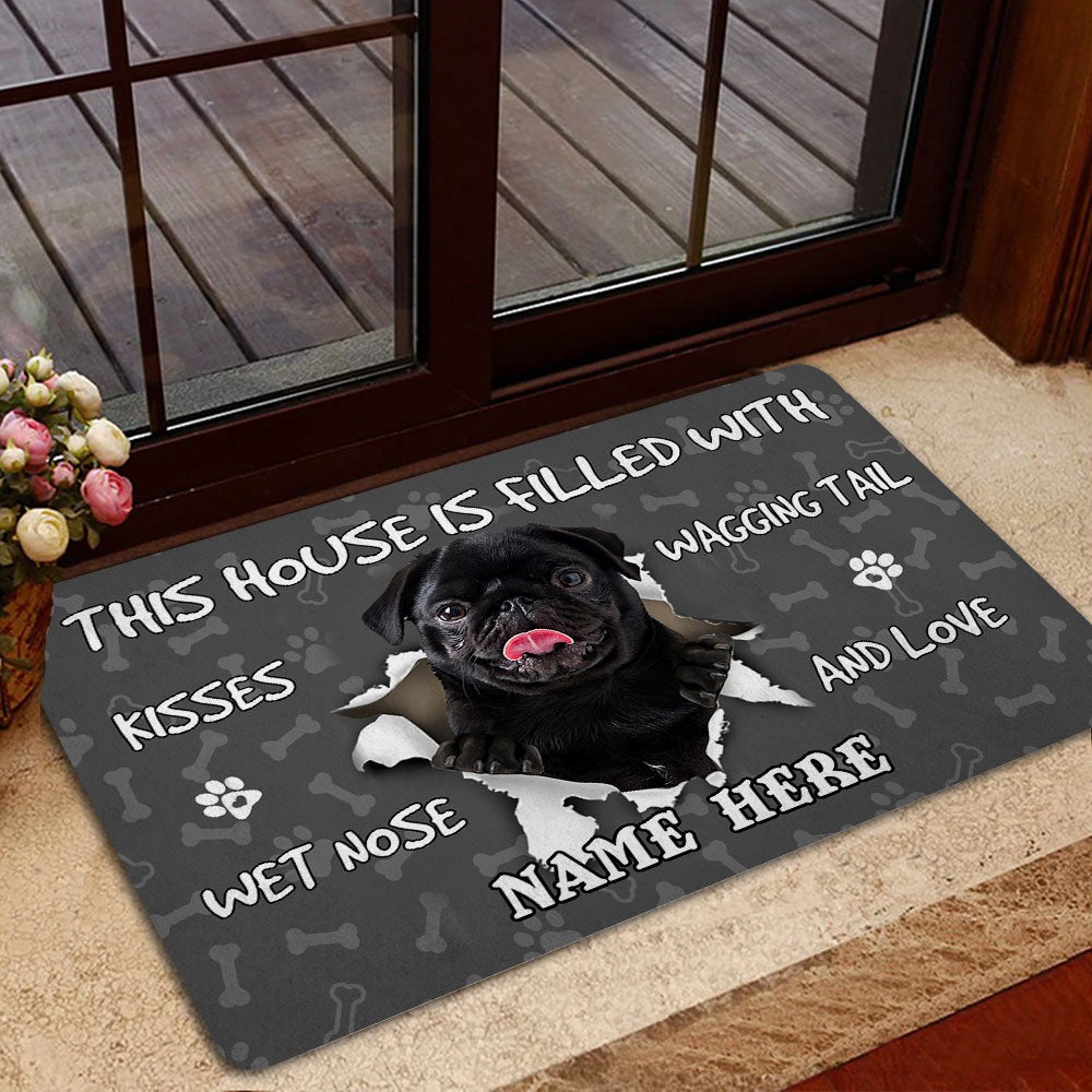 Personalized Pug Welcome Doormat, Black Pug dog pet lover pawprint grey Welcome Doormat, Custom Name Pets Home Decor Door Mat
